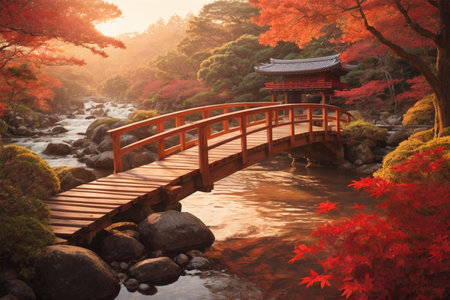 Autumn leaves and wooden bridge in Japanese garden at sunsetの素材