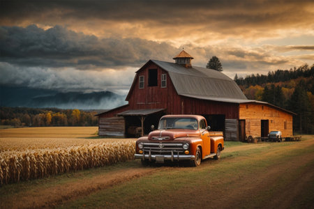 Old car in a field with a barn in the background at sunsetの素材