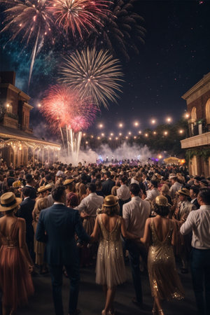 Crowd of people watching the fireworks at the San Marco square in Venice, Italyの素材
