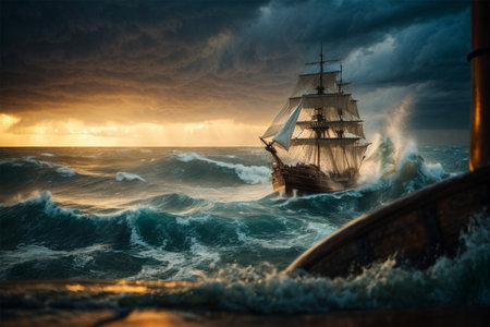 Sailing ship in stormy sea. Dramatic sunset sky.の素材