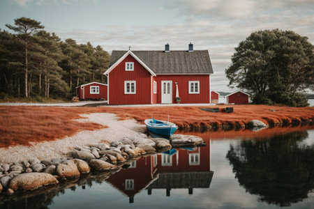 Red wooden house on the shore of the fjord in Norwayの素材