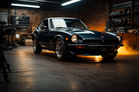 Vintage american car in garage. Retro car in garage.の素材