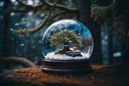 Bonsai in snow globe on mossy forest floorの素材