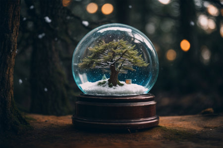 Bonsai in crystal ball on mossy forest floor.の素材