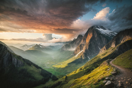 Mountain landscape at sunset. Colorful summer sunrise in the mountains.の素材