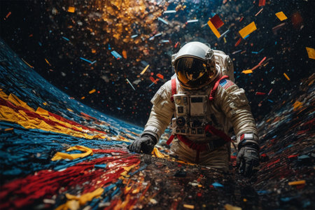 Astronaut sitting on the background of the falling confetti.の素材