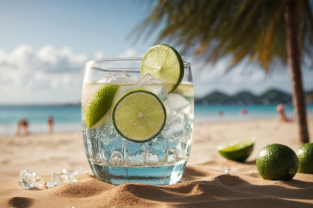 Cocktail with lime and ice on the sandy beach in summerの素材