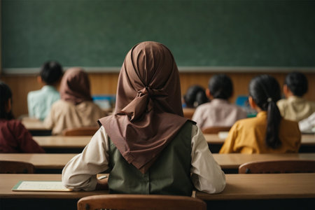 Back view of Muslim female student in hijab sitting in the classroomの素材