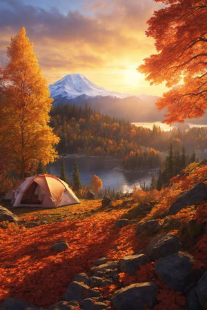 Colorful autumn landscape with camping tent on the shore of lake.の素材