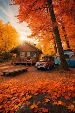 Camping in the autumn forest.の素材