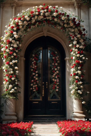 wedding arch decorated with flowers and ribbons in the form of rosesの素材