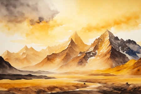Mountains in the clouds. Landscape with mountains. Digital paintingの素材