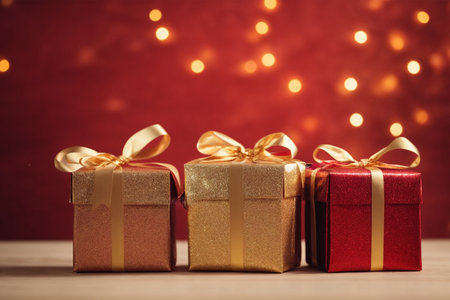 Gift boxes with golden bows on red bokeh background.の素材