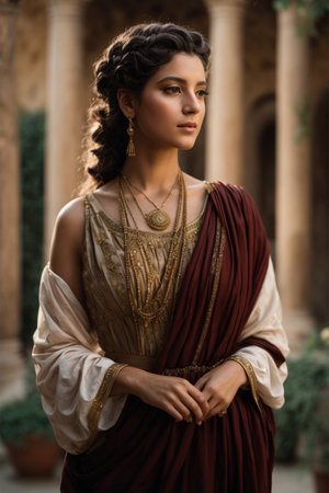 Portrait of a beautiful young woman in medieval dress posing outdoors.の素材