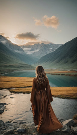 Beautiful young woman in a long brown dress standing on the bank of a mountain lake at sunsetの素材