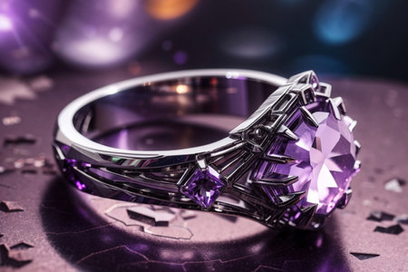 wedding ring with purple gemstones on a black background.の素材