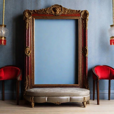 Interior of a classic baroque room with antique frames and red chairsの素材