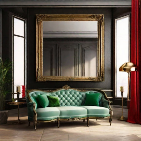 interior of classic living room with green sofa and gold picture frameの素材
