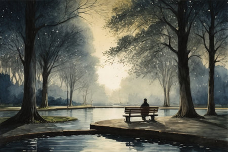 Digital painting of a man sitting on a bench in a park.の素材