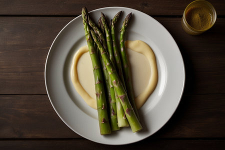 Asparagus on a white plate with sauce on a wooden backgroundの素材