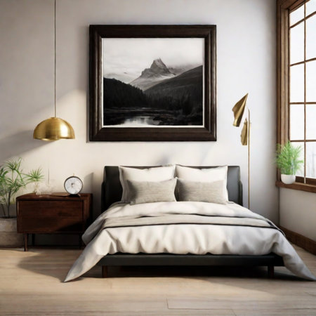 Bedroom interior with black bed and picture on wall. 3d renderの素材
