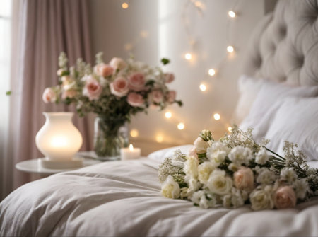 Beautiful bouquet of flowers on the bed in the bedroom.の素材