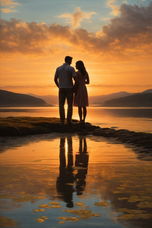 Couple in love standing on the edge of a lake at sunsetの素材