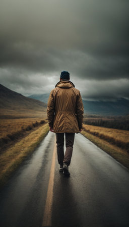 A man walking on an empty road in the middle of a stormy landscapeの素材