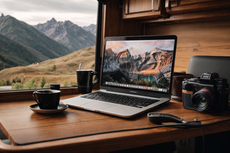 Laptop computer and coffee cup on wooden table in front of mountain landscapeの素材