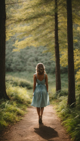 A young woman in a blue dress walks along a path in the woods.の素材