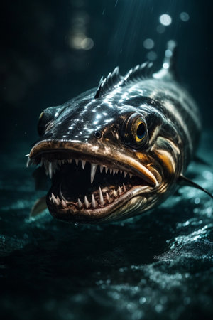 Close up of a big grouper fish with big mouth and teethの素材