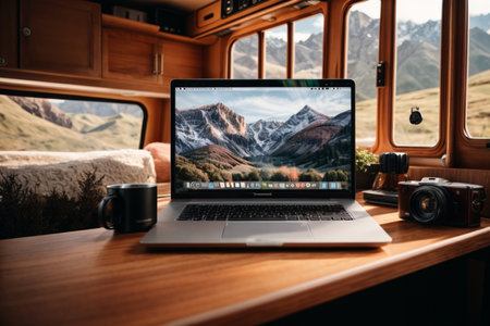 Laptop computer on a table in a camper van with a view of the mountainsの素材