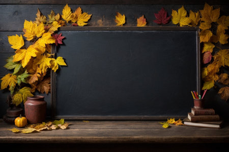 Blackboard with autumn leaves, books and cup of coffee on wooden backgroundの素材