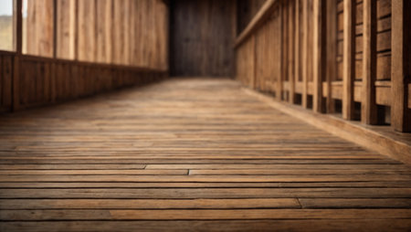 3d rendering of a wooden walkway leading to an empty roomの素材