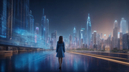 Rear view of businesswoman walking on road with night city in backgroundの素材