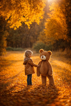 Little girl with teddy bear in autumn forest. Happy childhood.の素材