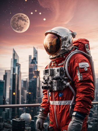 Astronaut in outer space against the background of the city.の素材