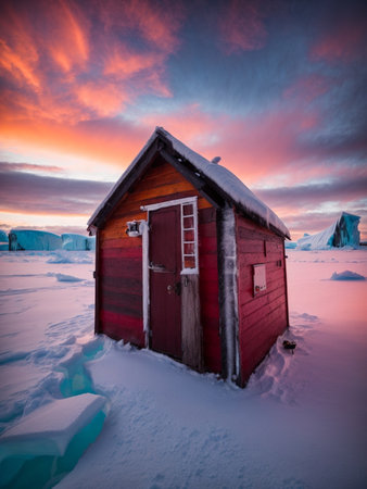 Icelandic huts at sunset in winter. Toned.の素材