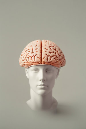 Human brain and human head on gray background. Brainstorming conceptの素材
