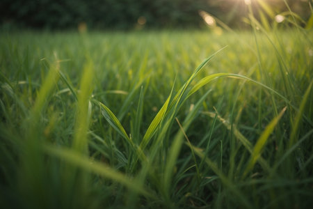 Green grass in the field with sunlight. Nature background. Close up.の素材