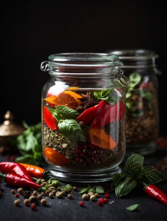 Variety of spices and herbs in a glass jar on dark backgroundの素材