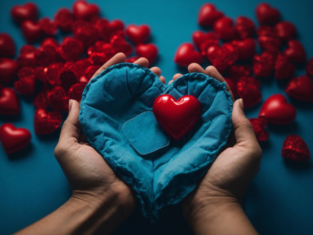 Valentine's Day. Woman's hands holding a red heart on a blue background.の素材