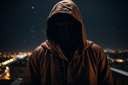 View of a man in a hooded sweatshirt in the city at night.の素材