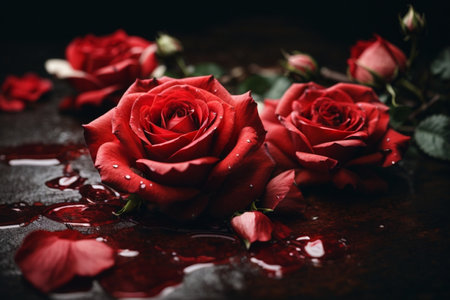Beautiful red roses on a dark wooden background with water drops.の素材