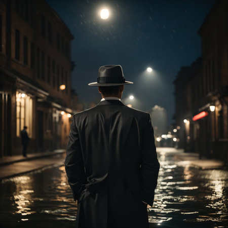 A man in a black suit and a hat walks along the street at night.の素材