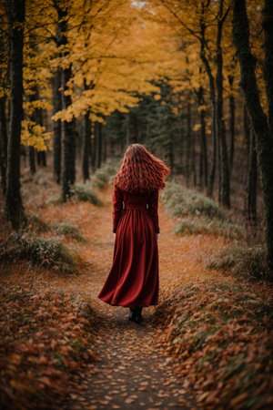 A girl in a long red dress walks through the autumn forest.の素材