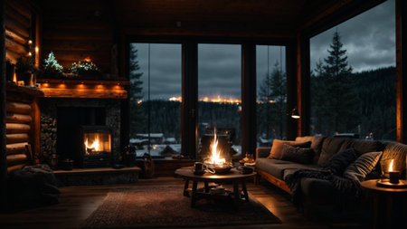 Interior of a log house in the mountains at night with a beautiful view on the lakeの素材