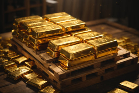 Gold bars on a wooden pallet close-upの素材