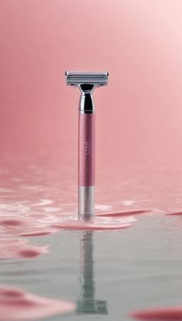Close up of a pink razor on a pink background with ripplesの素材
