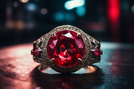 Jewelry ring with red ruby on the background of the night cityの素材